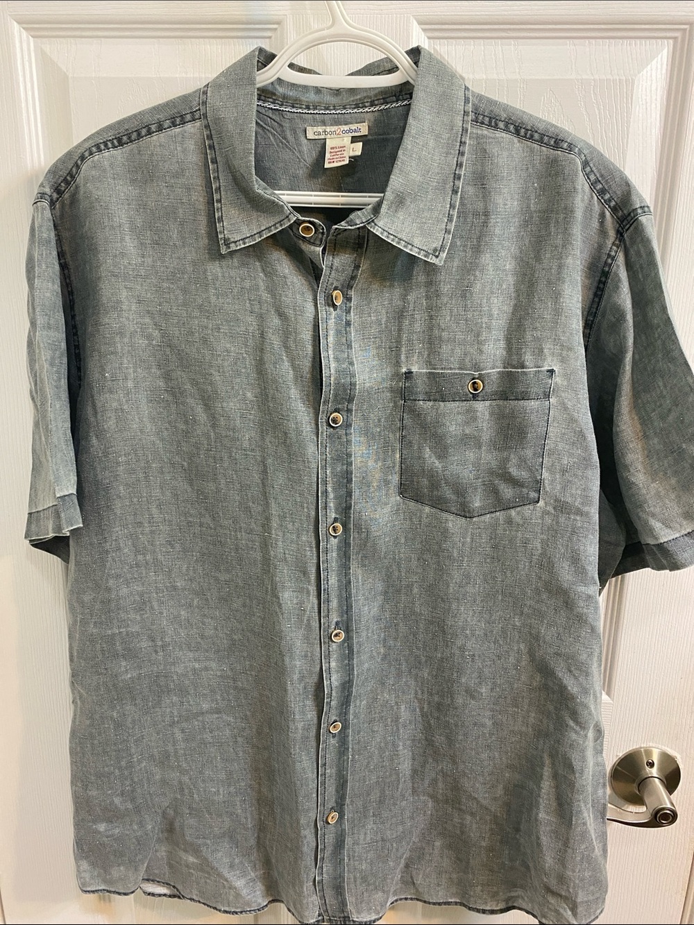 Carbon2Cobalt Linen Button Down Mens Large Grey Short Sleeve Dobby Shirt Summer